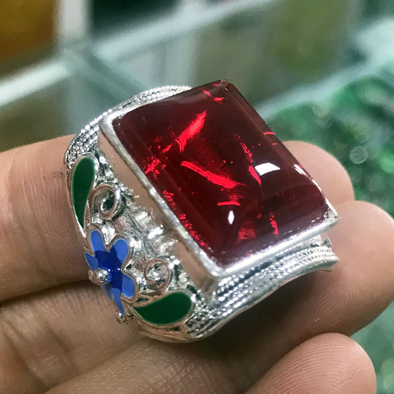 藏银镶嵌红宝石戒指古玩收藏老物件男女大气复古开口指环首饰礼物