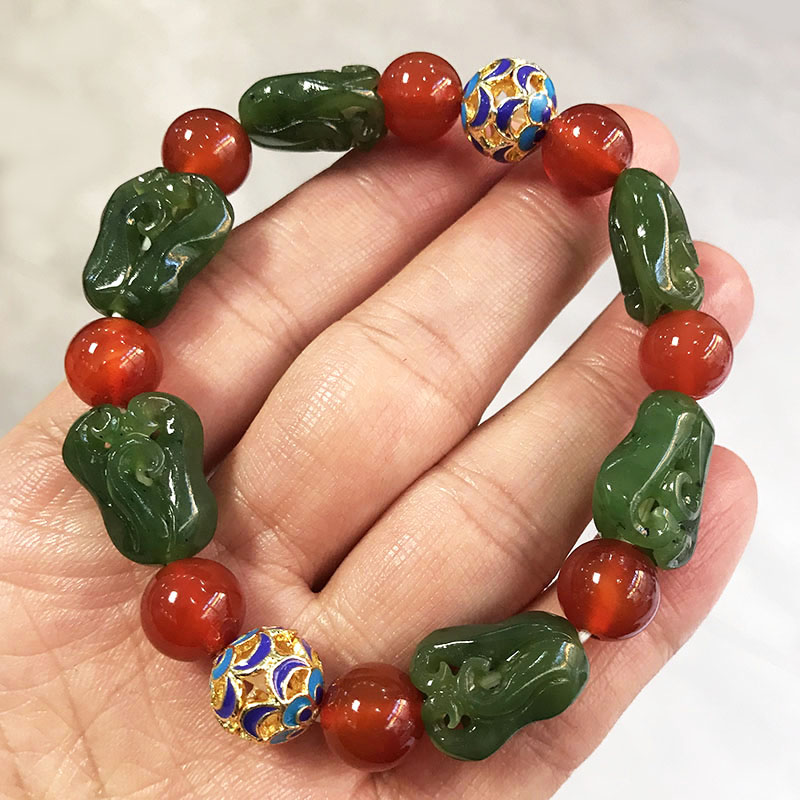 天然新疆和田玉碧玉佛手手链玉石精雕福瓜手串女时尚手饰平安招财