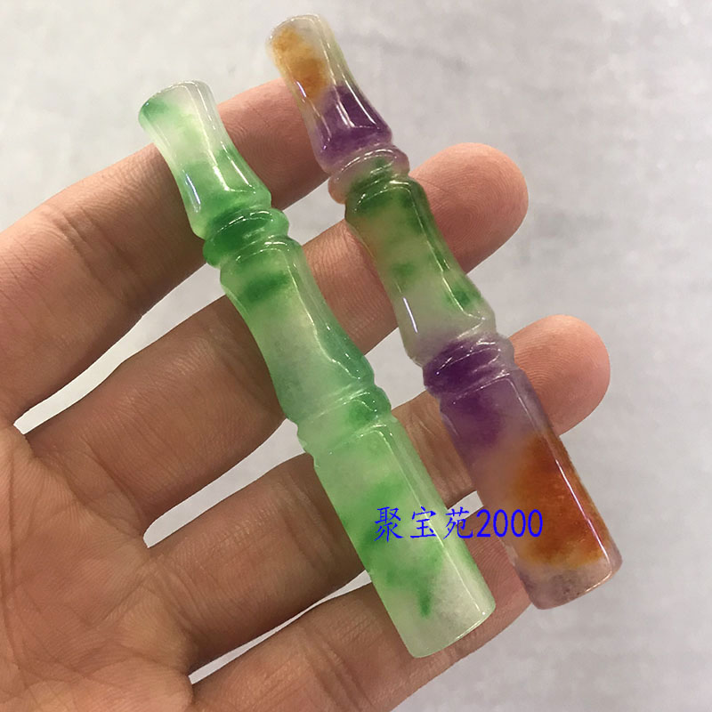 天然玉石飘绿竹节烟嘴绿色石英岩玉烟嘴玉石烟具翡翠色三色烟嘴男