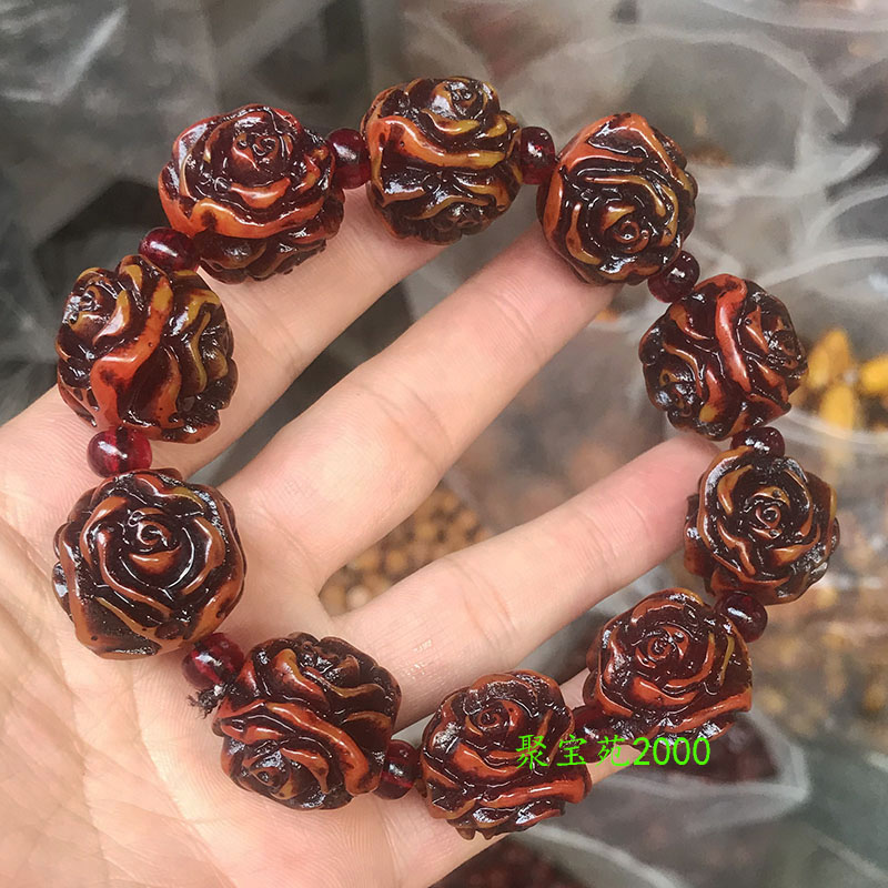 琥珀蜜蜡玫瑰花手链男女招桃花佛珠念珠老蜡手饰文玩手串盘玩礼品