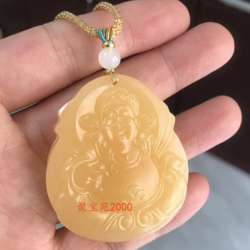 天然黄玉石财神吊坠男女士招财黄龙玉财神爷挂件文财神项链玉牌子
