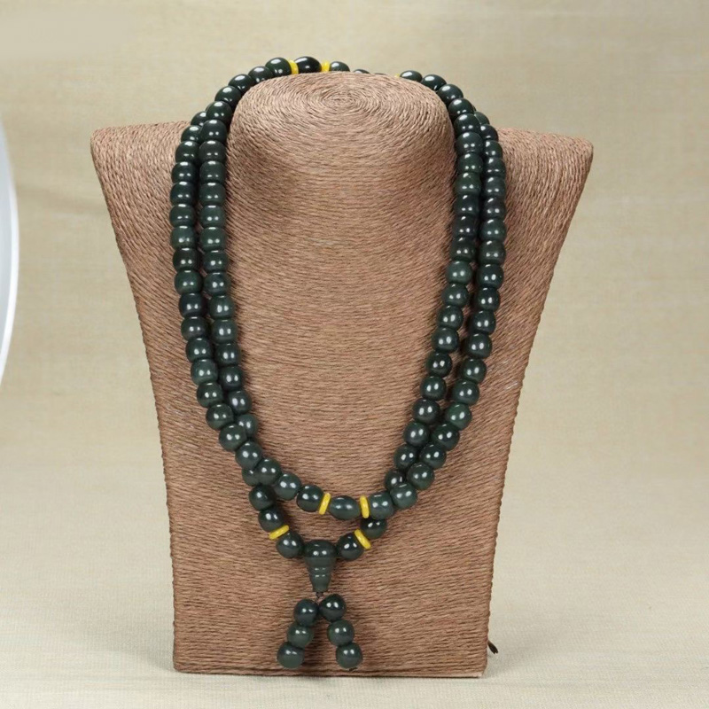 新疆和田玉青玉老型珠佛珠项链玉石算盘珠手串挂链108颗佛珠配饰