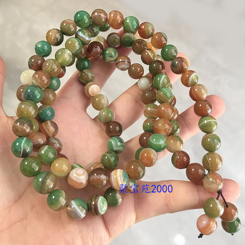 天然盐源玛瑙108颗佛珠项链缠丝黄绿复古风多圈手链玉髓念珠手串