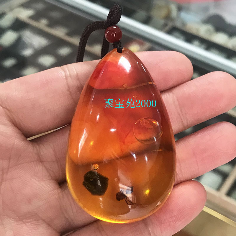 琥珀蜜蜡水滴形吊坠蚂蚁昆虫化石标本仿水胆琥珀挂件虫珀观赏坠子