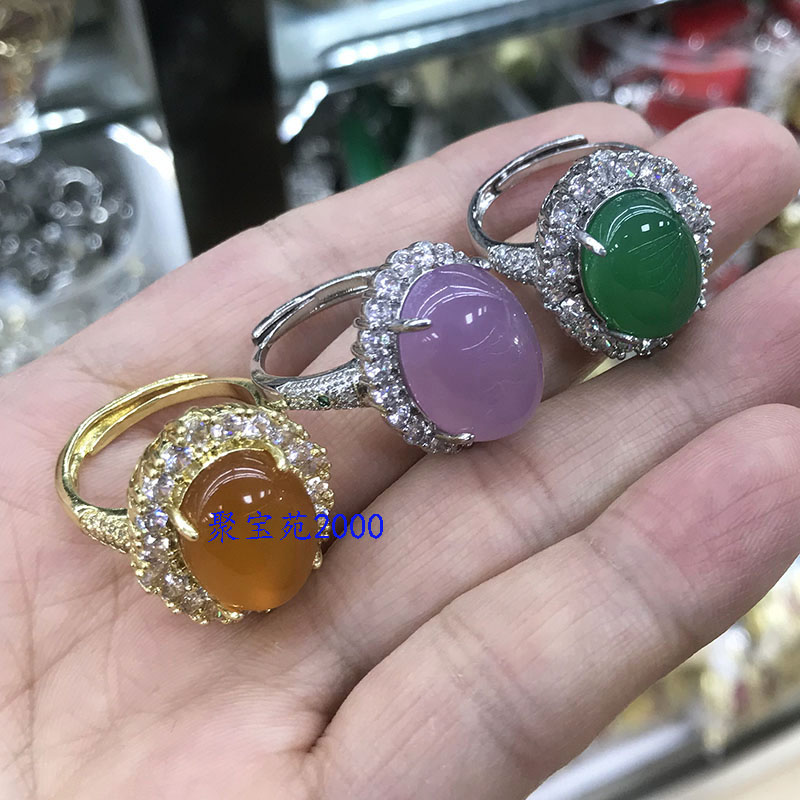 冰种翡翠色玛瑙蛋面镶嵌戒指水晶宝石指环玉髓时尚首饰品开口戒指