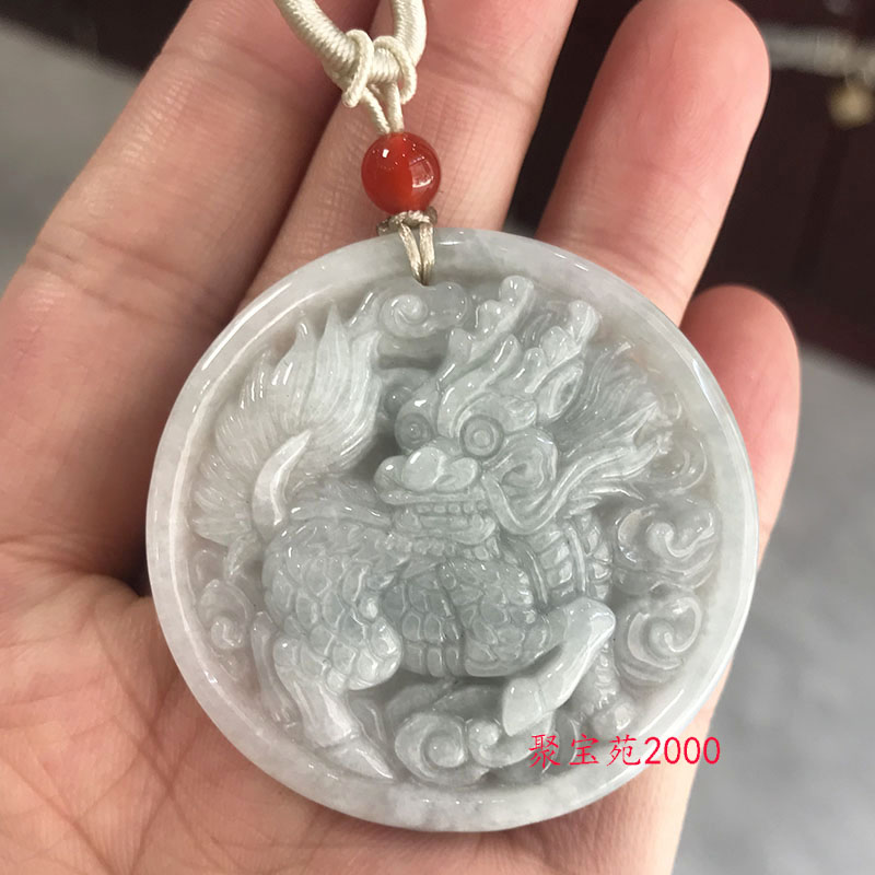 天然缅甸A货翡翠招财麒麟吊坠男女玉石迎福项链平安圆牌玉佩挂件