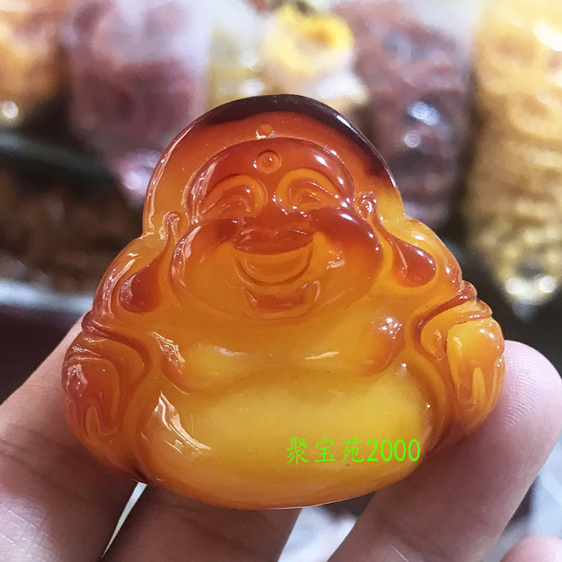 天然蜜蜡笑佛吊坠毛衣链俏色原矿鸡油黄老蜜蜡弥勒佛琥珀项链挂件