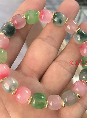 玉石飘花手串翡翠色高冰种石英岩玉飘绿芙蓉玉单圈手链女士玉手饰