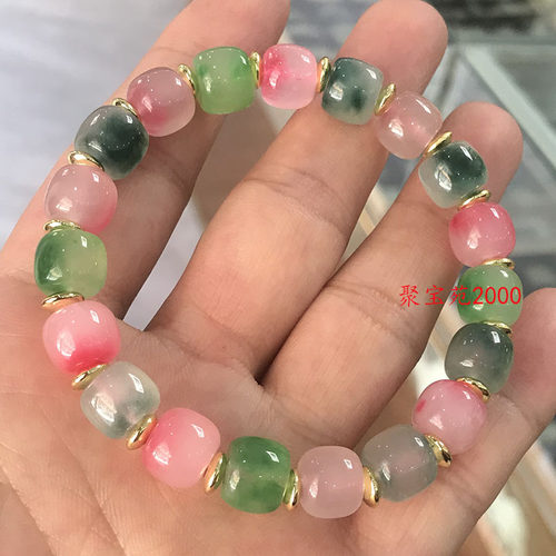 玉石飘花手串翡翠色高冰种石英岩玉飘绿芙蓉玉单圈手链女士玉手饰