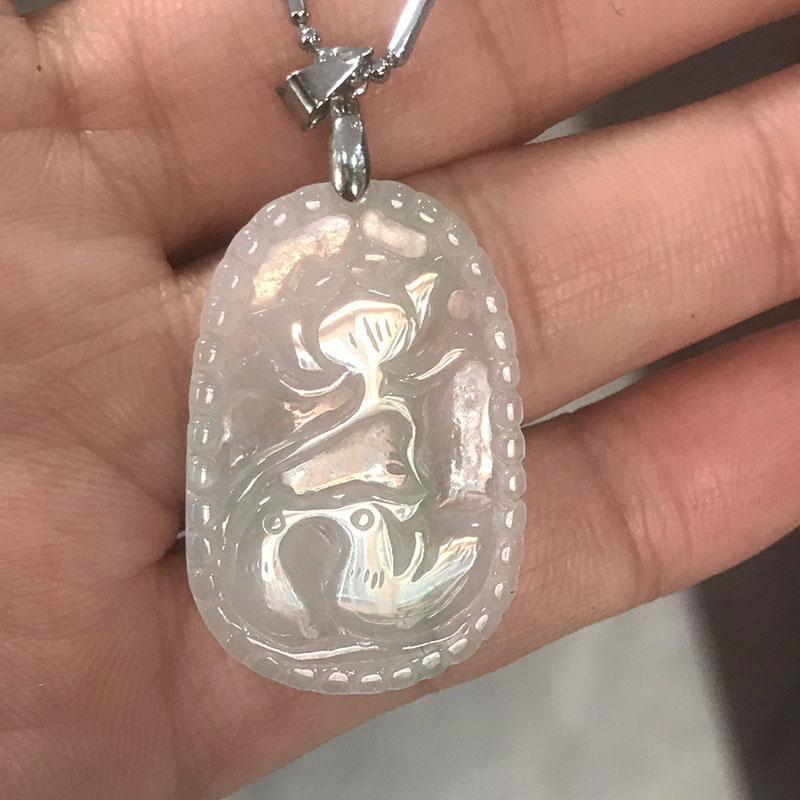 天然翡翠a货冰种鸳鸯戏水吊坠冰透荷花和和美美挂坠吉祥玉坠孤品