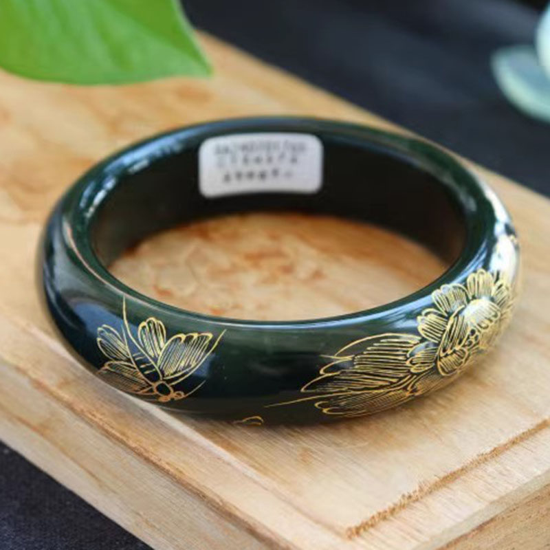 天然正品新疆和田玉青玉手镯雕花镯子深绿色墨玉老料玉石手环手饰