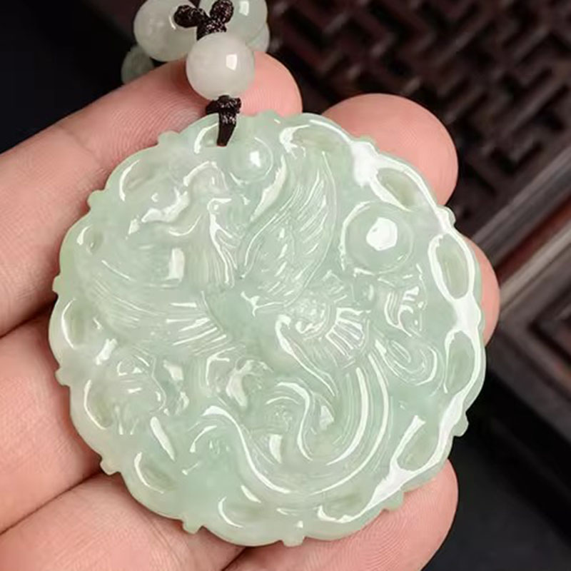 天然缅甸翡翠龙凤吊坠男女玉石祥龙圆牌挂件项链玉凤凰情侣毛衣链
