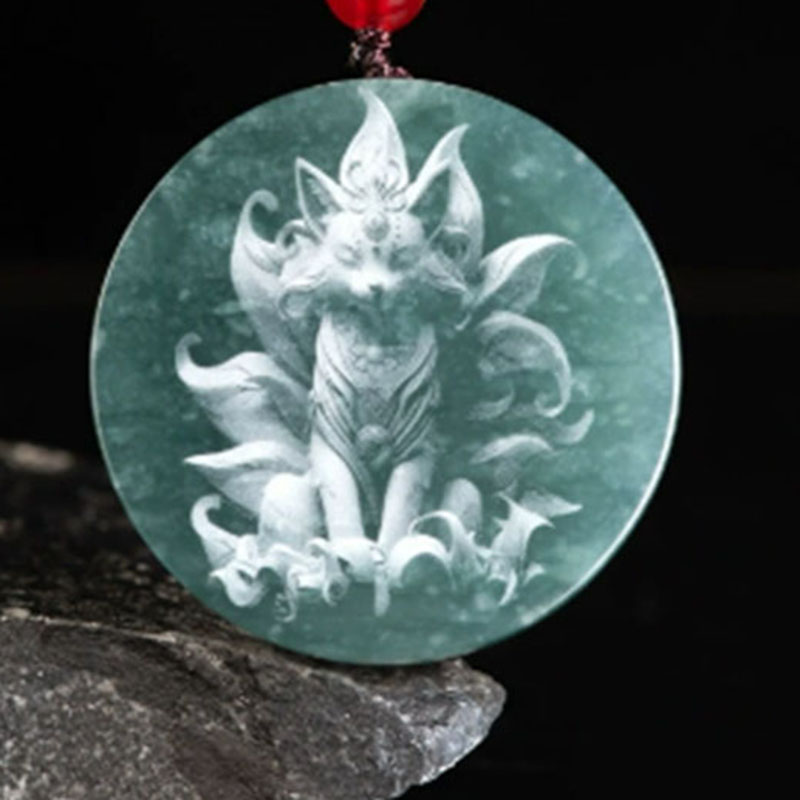 天然A货翡翠蓝水影雕狐仙玉佩男女士九尾狐吊坠玉石灵狐狐仙挂件