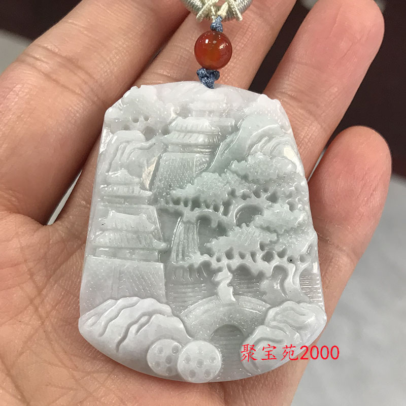 缅甸翡翠A货挂件山水牌子