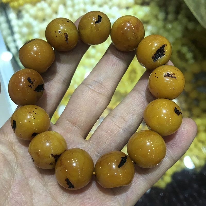 蜜蜡手串女款老蜜鸡油黄男士单圈圆桶佛珠琥珀手链二代仿蜜腊首饰