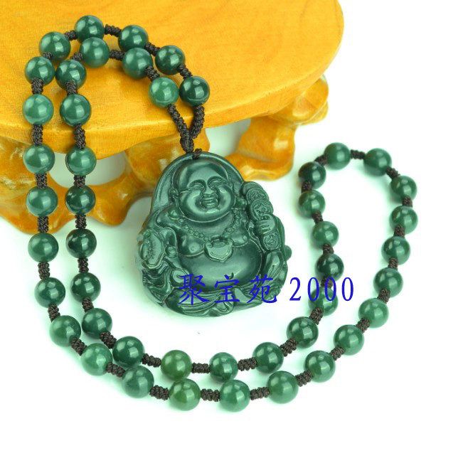 和田玉弥勒佛项链 青玉大肚笑佛项链手编玉器玉石项链男女 附证书