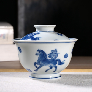 马上来财青花手绘盖碗元宝两才泡茶碗景德镇柴窑高端茶具马年新款