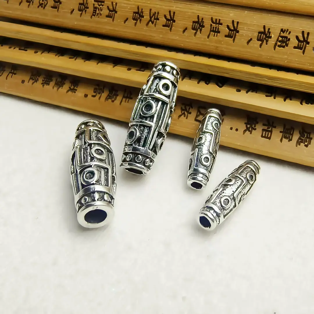 藏银九眼天珠散珠古银回纹隔珠配件 DIY手工编制项链手链饰品