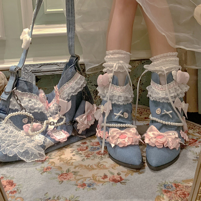 蝴蝶结蕾丝珍珠挂链牛仔皮尖头靴