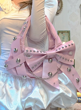 Pinkyo原创蝴蝶结柳丁链条手提包金属朋克风单肩包甜酷风辣妹包包