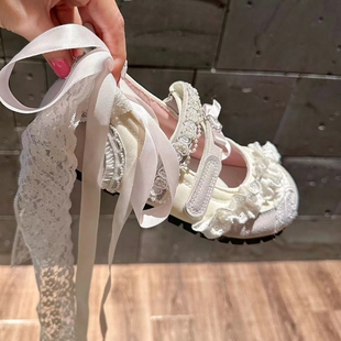 可爱圆头百搭配裙子平底鞋 2024夏季 蕾丝芭蕾舞单鞋 pinkyo原创法式