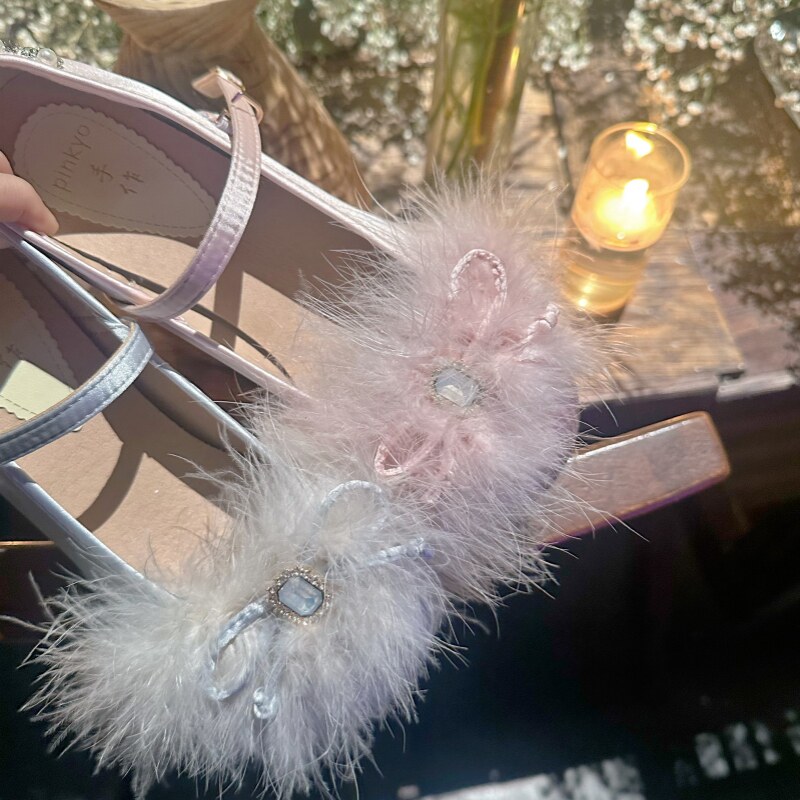 pinkyo原创法式羽毛玛丽珍鞋甜美蝴蝶结圆头浅口单鞋女中跟毛毛鞋