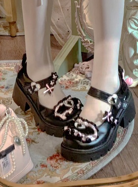 SwtCor甜核原创甜酷爱心皮带扣厚底鞋玛丽珍鞋女黑色粗跟浅口单鞋