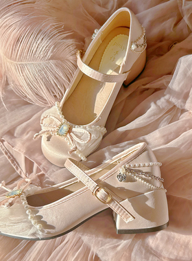 PINKYO原创法式玛丽珍鞋甜美仙女蝴蝶结浅口单鞋女圆头粗跟高跟鞋