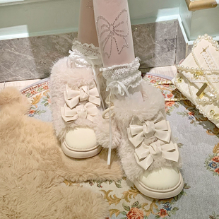 pinkyo原创米驼色蝴蝶结仿羊羔毛秋冬保暖短筒靴甜美风少女雪地靴