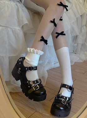 SwtCor甜核原创爱心皮带扣圆头厚底黑色皮鞋朋克甜酷辣妹玛丽珍鞋