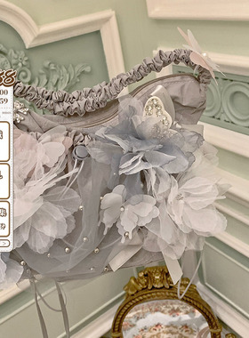 pinkyo原创珍珠极繁蝴蝶缎带灰色花包包小清新优雅仙女手提单肩包