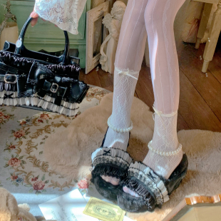 pinkyo原创蕾丝花边黑白撞色毛绒蝴蝶结凉鞋甜酷辣妹风厚底坡跟鞋