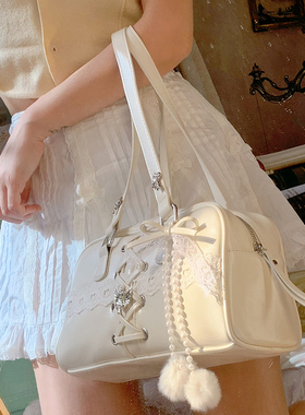 pinkyo芭蕾风白色绑带优雅手提波士顿包单肩斜跨休闲百搭枕头包包