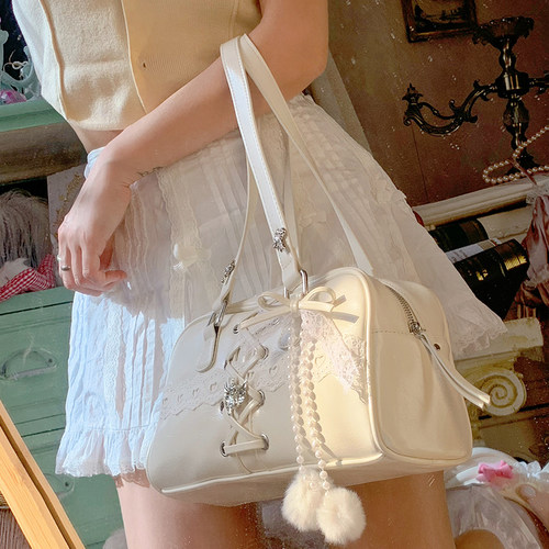 白色绑带优雅手提波士顿包