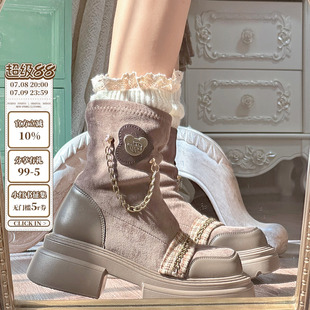 PINKYO原创 圆头显瘦靴子冬 英伦学院风厚底粗跟马丁靴女2024秋季