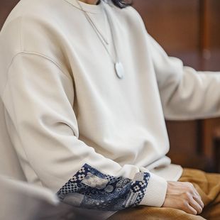 日系复古百家布拼接卫衣boro风休闲上衣圆领套头衫 马登工装 男春秋