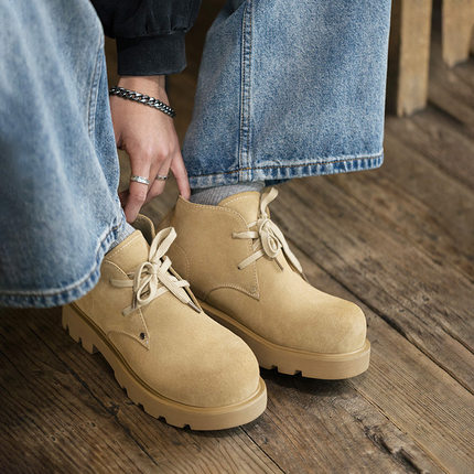 MRA米奇圆头马丁靴男厚底增高德比鞋复古做旧工装靴短靴大头皮鞋