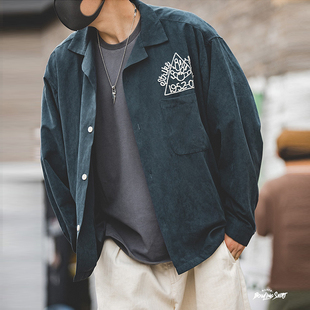 秋季 马登工装 男长袖 复古巴领桃皮绒刺绣衬衫 宽松休闲衬衣外套 美式