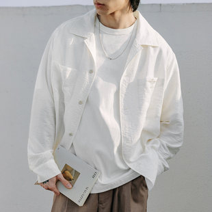 MRA男装 亚麻混纺古巴领长袖衬衫刺绣老钱风凉感休闲白衬衣外套潮