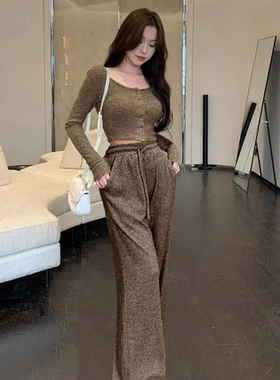 小众欧美高腰垂感女阔腿裤套装