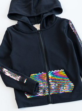 欧美女童外套 黑色亮片拉链衫 抓绒帽衫儿童外套