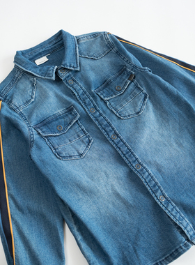 欣易雪法单童装牛仔衬衫休闲长袖女童双口袋翻领毛边做旧春秋款