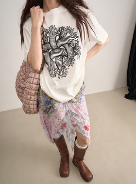 LANVIVIER 艺术藤纹 日常百搭休闲居家毛线球体印花圆领T恤25夏女