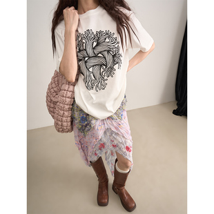 LANVIVIER 日常百搭休闲居家毛线球体印花圆领T恤25夏女 艺术藤纹