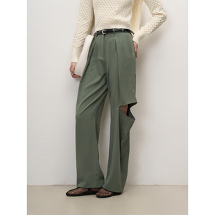 LANVIVIER 不对称设计切口露腿抹茶绿压褶高腰阔腿女士西裤25春夏