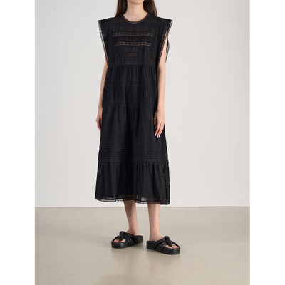 LANVIVIER度假风直角肩小飞袖蕾丝花边镂空宽松中长款仙连衣裙