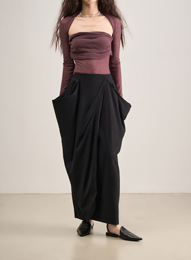 LANVIVIER 文艺清冷感 解构主义暗黑风 折叠高腰设计感黑色半身裙