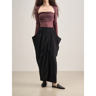 折叠高腰设计感黑色半身裙 解构主义暗黑风 LANVIVIER 文艺清冷感