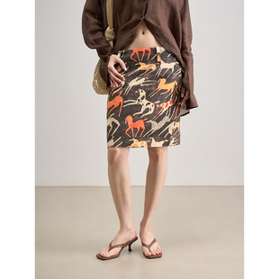 自然腰直筒midi半身裙 复古多彩陶器做旧图案 LANVIVIER 马年大吉