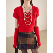 LANVIVIER红色氛围感 V领绞花弹力针织衫 复古俏皮毛巾绒袖 套短袖